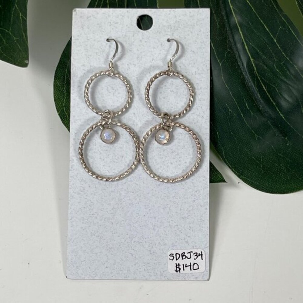 New Sterling Silver Double Hoop Designer Dangle Earrings With Moonstone Gem USA